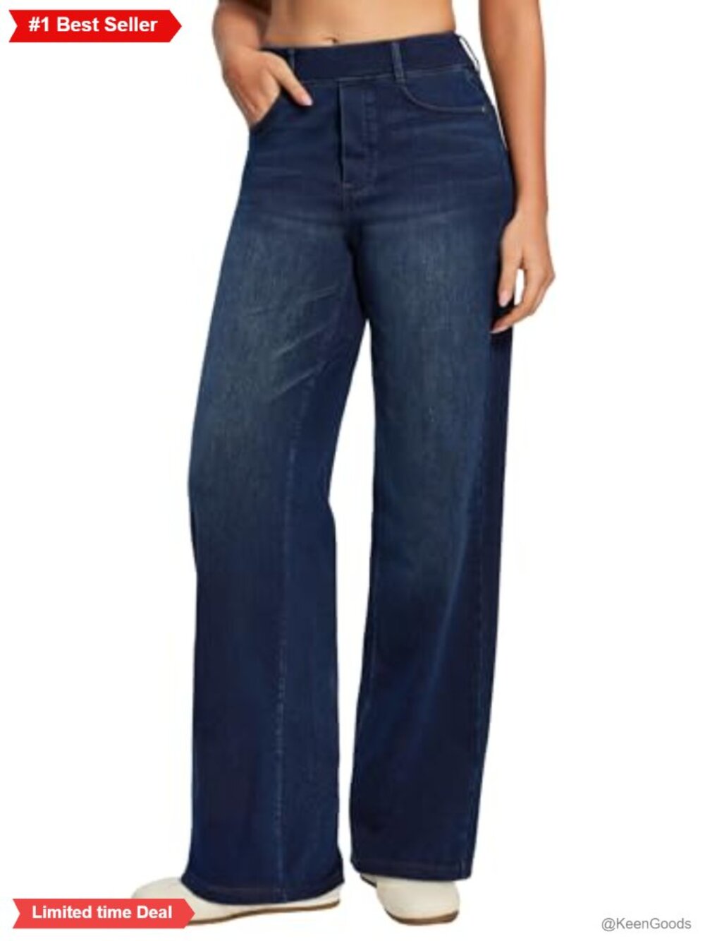 Heathyoga Wide Leg Pull On High Rise Stretch Denim Jeans Faux Fly Pockets